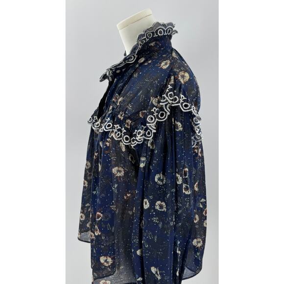 Isabel Marant Etoile Elmira Navy Blue Floral Eyelet Top Long Sleeve Blouse 38 6 - Picture 2 of 9